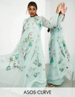 ASOS Edition Curve - Vestito Lungo Verde A Fiori Ricamati Stile Nouveau