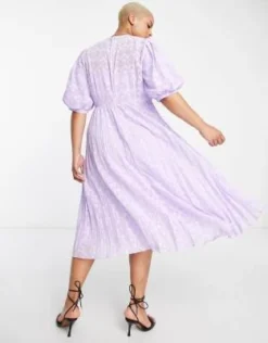 ASOS DESIGN Curve - Vestito Midi Accollato A Pieghe Con Maniche A Sbuffo In Plumetis A Spina Di Pesce Color Lavanda -Vendite ASOS Maternity || RIVER ISLAND || Monki 202393472 2