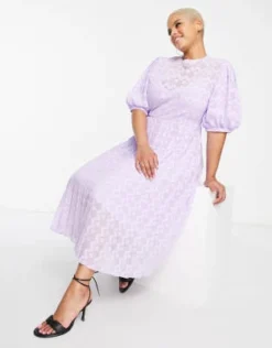 ASOS DESIGN Curve - Vestito Midi Accollato A Pieghe Con Maniche A Sbuffo In Plumetis A Spina Di Pesce Color Lavanda -Vendite ASOS Maternity || RIVER ISLAND || Monki 202393472 3