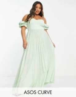 ASOS DESIGN Curve - Vestito Lungo Con Scollo Alla Bardot Plissettato Color Salvia - LGREEN