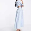 ASOS Edition - Vestito Midi Blu Con Ricamo Con Perline, Cut-out Sul Retro E Maniche A Sbuffo