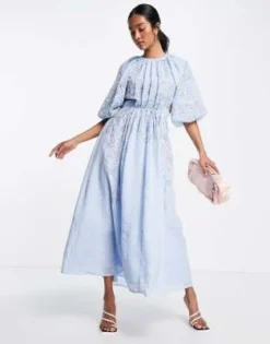 ASOS Edition - Vestito Midi Blu Con Ricamo Con Perline, Cut-out Sul Retro E Maniche A Sbuffo -Vendite ASOS Maternity || RIVER ISLAND || Monki 202400778 3