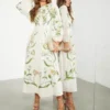 ASOS Edition - Vestito Midi Con Ricami Grandi Di Fiori E Foglie Crema
