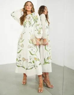 ASOS Edition - Vestito Midi Con Ricami Grandi Di Fiori E Foglie Crema