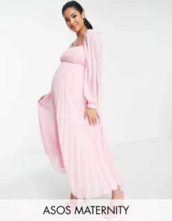 ASOS DESIGN Maternity - Vestito Skater Midi A Pieghe Rosa Tenue Con Scollo Squadrato