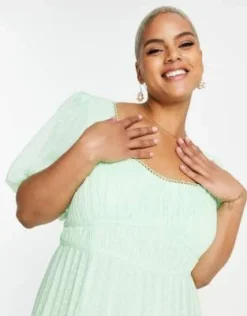 ASOS DESIGN Curve - Vestito Midi A Pieghe In Plumetis Verde Pastello Con Maniche A Sbuffo E Bordi Smerlati -Vendite ASOS Maternity || RIVER ISLAND || Monki 202492799 3
