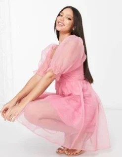 PIECES Tall - Vestito Corto Premium In Organza Con Maniche A Sbuffo Rosa -Vendite ASOS Maternity || RIVER ISLAND || Monki 202501213 3