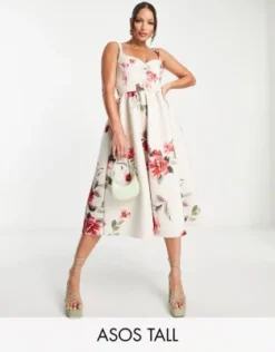 ASOS DESIGN Tall - Vestito Midi Da Ballo Di Fine Anno A Fiori Con Corsetto Con Cuciture