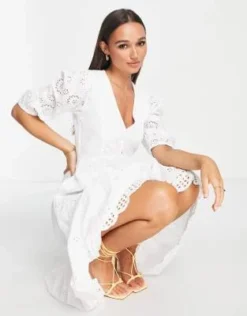 French Connection - Vestito Da Giorno Midi In Cotone Bianco Con Ricami - WHITE