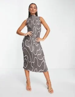 ASOS DESIGN - Vestito Midi Plissé Accollato In Raso Con Stampa Astratta