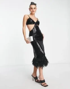 ASOS DESIGN - Vestito Lungo Con Spalline Sottili E Paillettes Nero Con Piume Sintetiche Sul Fondo -Vendite ASOS Maternity || RIVER ISLAND || Monki 202683699 4