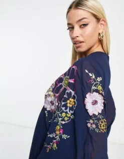 ASOS Maternity ASOS DESIGN Maternity - Vestito Midi Babydoll Blu Navy Ricamato A Pieghe Con Scollo A V -Vendite ASOS Maternity || RIVER ISLAND || Monki 202695775 3