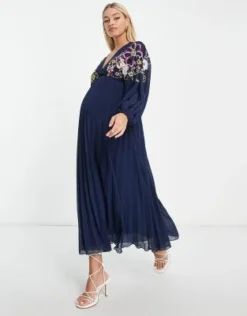 ASOS Maternity ASOS DESIGN Maternity - Vestito Midi Babydoll Blu Navy Ricamato A Pieghe Con Scollo A V -Vendite ASOS Maternity || RIVER ISLAND || Monki 202695775 4