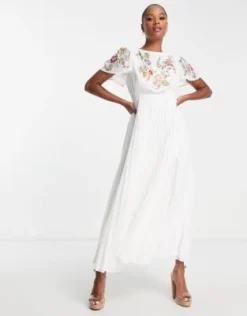 ASOS DESIGN Petite - Vestito Midi Bianco Plumetis A Pieghe Con Davanti Sciallato, Ricami E Cintura -Vendite ASOS Maternity || RIVER ISLAND || Monki 202695823 4