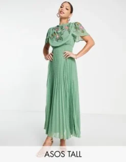 ASOS DESIGN Tall - Vestito Midi In Plumetis A Pieghe Ricamato Color Kaki Con Scollo Ad Anello