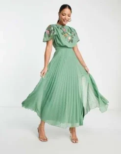 ASOS DESIGN Tall - Vestito Midi In Plumetis A Pieghe Ricamato Color Kaki Con Scollo Ad Anello -Vendite ASOS Maternity || RIVER ISLAND || Monki 202696393 3