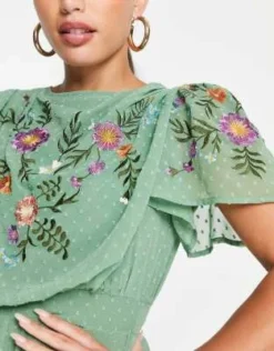 ASOS DESIGN Tall - Vestito Midi In Plumetis A Pieghe Ricamato Color Kaki Con Scollo Ad Anello -Vendite ASOS Maternity || RIVER ISLAND || Monki 202696393 4