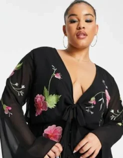 ASOS DESIGN Curve - Vestito Lungo Allacciato Sul Davanti Nero Con Ricamo A Fiori E Bottoni -Vendite ASOS Maternity || RIVER ISLAND || Monki 202696460 3