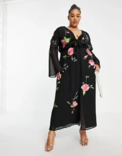 ASOS DESIGN Curve - Vestito Lungo Allacciato Sul Davanti Nero Con Ricamo A Fiori E Bottoni -Vendite ASOS Maternity || RIVER ISLAND || Monki 202696460 4