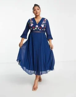 ASOS DESIGN Curve - Vestito Midi Blu Navy A Pieghe Con Ricami E Inserti In Pizzo -Vendite ASOS Maternity || RIVER ISLAND || Monki 202696812 4