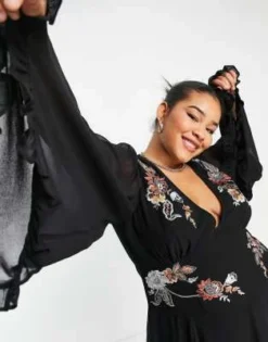 ASOS DESIGN Curve - Vestito Skater Midi Morbido Ricamato Con Godet E Maniche Svasate Nero -Vendite ASOS Maternity || RIVER ISLAND || Monki 202697110 3