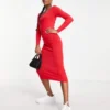 ASOS DESIGN Petite - Vestito Midi In Maglia Rosso Con Apertura Sul Retro E Dettaglio Arricciato