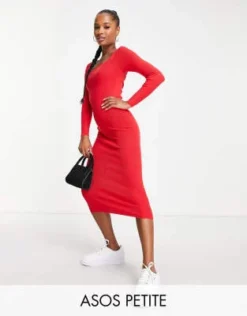 ASOS DESIGN Petite - Vestito Midi In Maglia Rosso Con Apertura Sul Retro E Dettaglio Arricciato