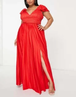 ASOS DESIGN Curve - Vestito Lungo Plissettato Rosso Con Maniche Con Volant -Vendite ASOS Maternity || RIVER ISLAND || Monki 202733641 4