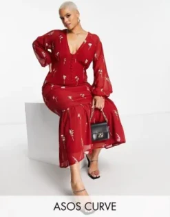 ASOS DESIGN Curve - Vestito Da Giorno Lungo Bordeaux Con Bottoni E Ricami