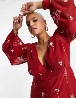 ASOS DESIGN Curve - Vestito Da Giorno Lungo Bordeaux Con Bottoni E Ricami -Vendite ASOS Maternity || RIVER ISLAND || Monki 202748017 4