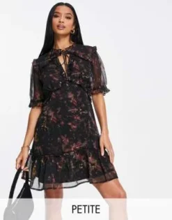 Topshop Petite - Vestito Corto Nero Con Stampa A Fiori E Volant