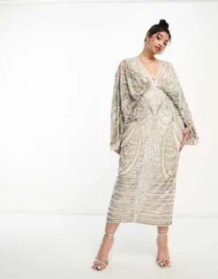 ASOS EDITION Curve - Vestito Midi Con Maniche A Kimono Grigio Chiaro Decorato Con Paillettes E Perle