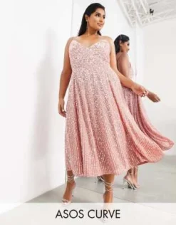 ASOS Edition Curve - Vestito Midi Decorato Rosa Polvere Con Spalline Sottili