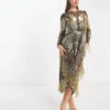 ASOS Edition - Vestito Midi Fasciante A Maniche Lunghe Nero Con Paillettes E Frange