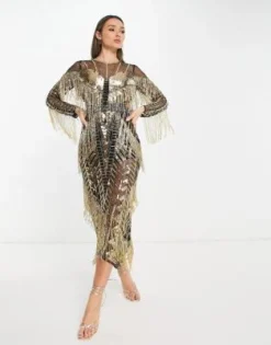 ASOS Edition - Vestito Midi Fasciante A Maniche Lunghe Nero Con Paillettes E Frange -Vendite ASOS Maternity || RIVER ISLAND || Monki 202779777 3