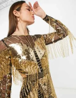 ASOS Edition - Vestito Midi Fasciante A Maniche Lunghe Nero Con Paillettes E Frange -Vendite ASOS Maternity || RIVER ISLAND || Monki 202779777 4