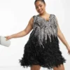 ASOS Edition Curve - Vestito Corto Nero Con Cristalli, Perline E Orlo Con Piume Sintetiche