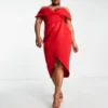 ASOS DESIGN Curve - Vestito Midi Rosso Con Spalle Scoperte E Dettaglio Stile Corsetto