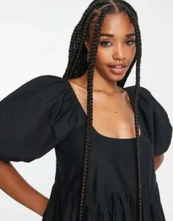 ASOS DESIGN Tall - Vestito Grembiule Midi Con Maniche A Sbuffo Smerlato In Cotone Nero -Vendite ASOS Maternity || RIVER ISLAND || Monki 202793822 3