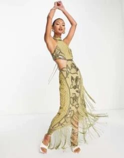 ASOS DESIGN - Vestito Midi Allacciato Al Collo Color Oliva Con Decorazioni A Fiori E Frange