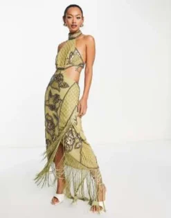 ASOS DESIGN - Vestito Midi Allacciato Al Collo Color Oliva Con Decorazioni A Fiori E Frange -Vendite ASOS Maternity || RIVER ISLAND || Monki 202801597 3