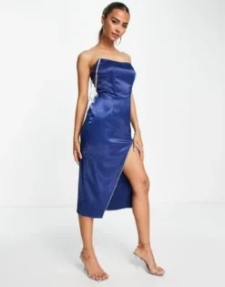 Band Of Stars - Vestito Midi Premium In Raso Blu Navy Con Finiture In Strass E Spacco Sulla Coscia