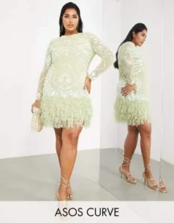 ASOS EDITION Curve - Vestito Corto Verde Pastello Con Perle, Paillettes A Stella E Fondo Con Piume Sintetiche