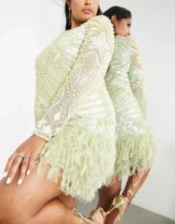 ASOS EDITION Curve - Vestito Corto Verde Pastello Con Perle, Paillettes A Stella E Fondo Con Piume Sintetiche -Vendite ASOS Maternity || RIVER ISLAND || Monki 202812460 3