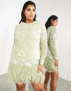 ASOS EDITION Curve - Vestito Corto Verde Pastello Con Perle, Paillettes A Stella E Fondo Con Piume Sintetiche -Vendite ASOS Maternity || RIVER ISLAND || Monki 202812460 4