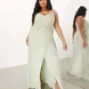 ASOS EDITION Curve - Vestito Lungo Con Spalline Sottili Verde Salvia Decorato Drappeggiato Sul Lato