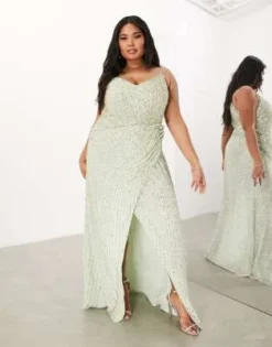 ASOS EDITION Curve - Vestito Lungo Con Spalline Sottili Verde Salvia Decorato Drappeggiato Sul Lato