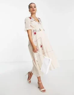 Hope & Ivy Maternity - Vestito Da Giorno Con Gonna Al Polpaccio Color Crema A Fiori Ricamato -Vendite ASOS Maternity || RIVER ISLAND || Monki 202819297 2