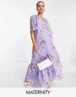 Hope & Ivy Maternity - Vestito Lungo A Portafoglio Viola A Fiori Con Maniche Con Volant