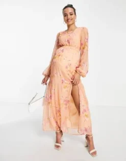 Hope & Ivy Maternity - Vestito Lungo Color Pesca E Ocra A Fiori Con Maniche A Palloncino E Cut-out -Vendite ASOS Maternity || RIVER ISLAND || Monki 202820149 3